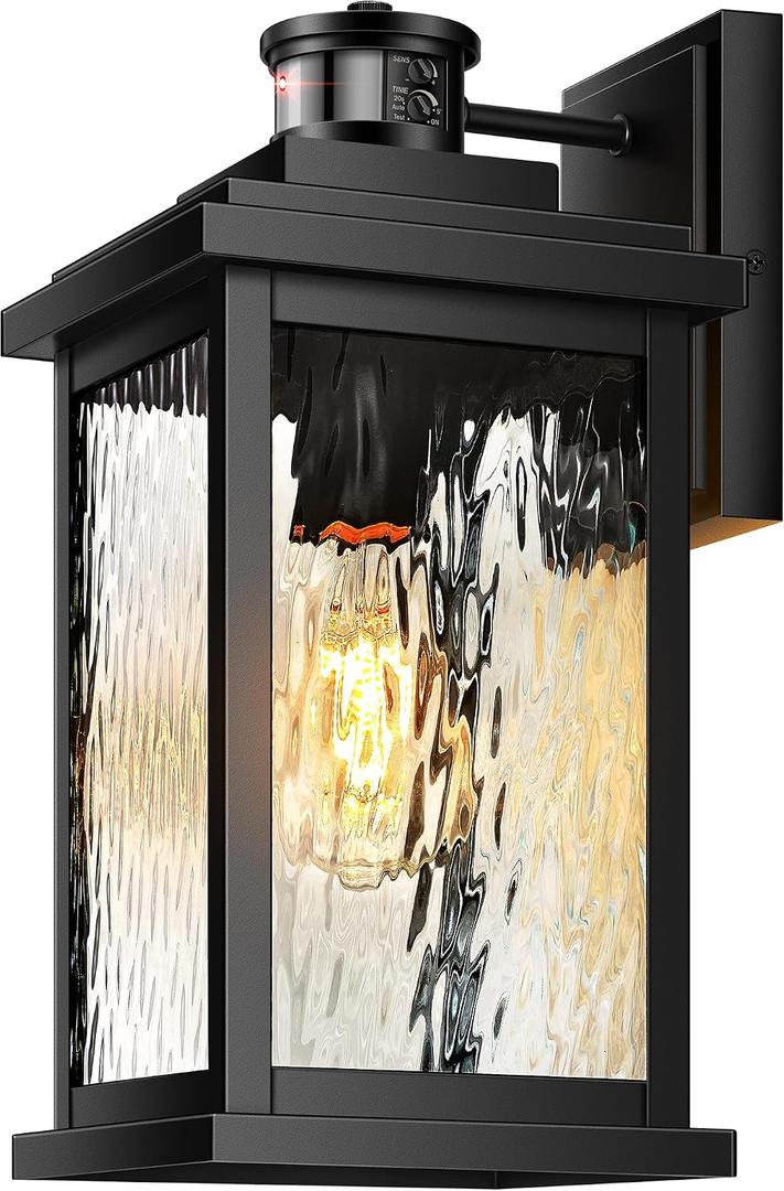 VIANIS Large Advanced Motion Sensor Outdoor Lights, Black Easy-to-Install Dusk to Dawn Outdoor Wall Lights, Aluminum Waterproof Porch Light with Water Glass for Porch, Garden, Front Door