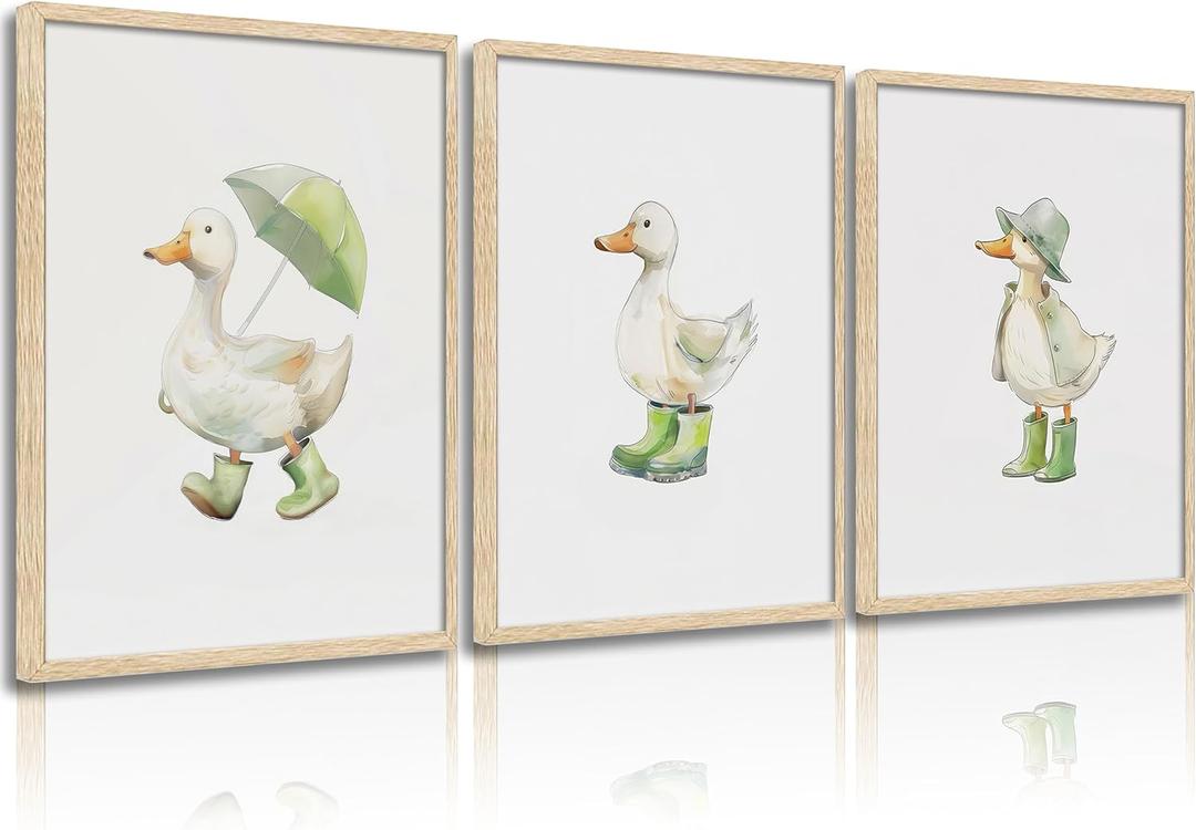 3Pcs Baby Animal Nursery Wall Art Funny Green Rain Gear Duck Painting Picture Wall Decor This Set of 3 Happy Ducks Wearing Green Boots Poster Print Artwork for Kids Boys Room Bedroom Decorate,Unframed,Size: 16L''x12W''