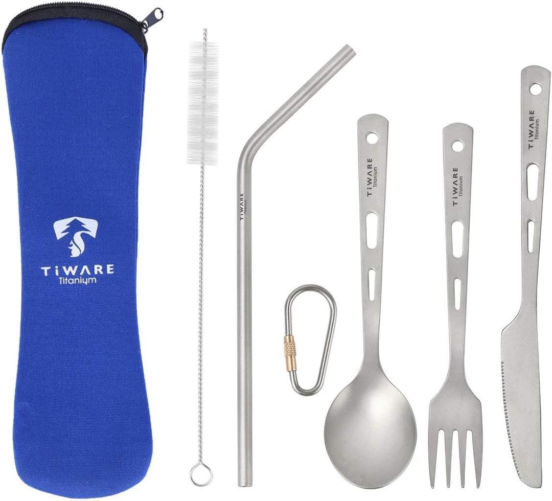 3 x Titanium Knife Fork Spoon Drinking Straw Ultra-Light Weight Tableware Durable Flatware Cutlery Set w. with Carabiner clip Reusable Eco-friendly for hiking camping scouting outdoor sports long lasting