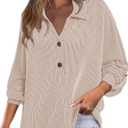Astylish Women's Casual Blouses Button Down Business Batwing Tops Long Sleeve V Neck Ribbed Shirts 2025 Fall Outfit (Beige, M)