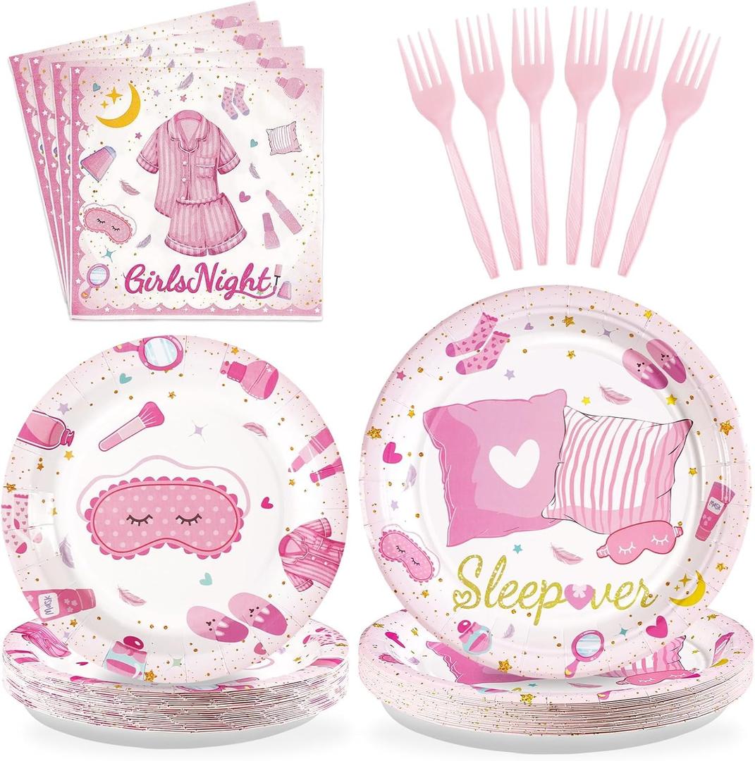 96Pcs Sleepover Party Supplies for Girls Pink Pajama Pillow Fight Plates and Napkins Disposable Slumber Spa Makeup Tableware Set for Girls Ladies Night Birthday Bachelorette Party Decorations Serves24
