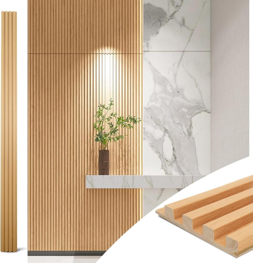 Art3d Slat Wood Wall Paneling for Interior and Ceiling Decoration - Pack of 4pcs + 1pc End-Trim, Size 108 x 5.7in.- Oak