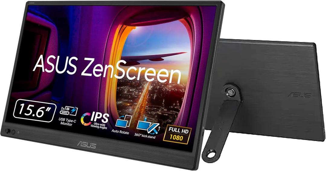 ASUS ZenScreen 16 Portable USB Monitor (MB169CK) - Full HD, IPS, Dual USB-C, Mini-HDMI, Eye Care, Flicker Free, Blue Light Filter, Anti-Glare Surface, 360 Kickstand,