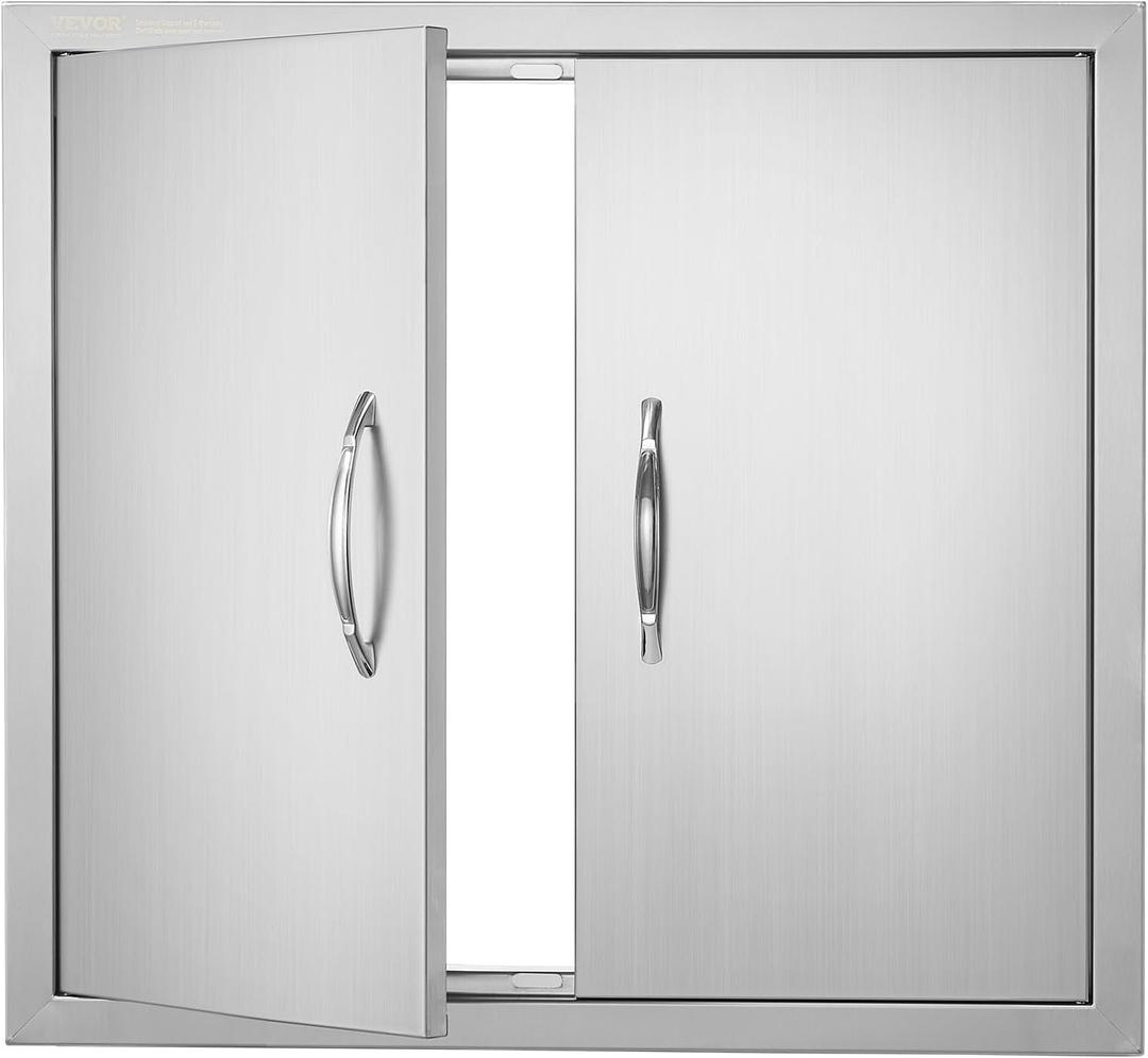 VEVOR BBQ Access Door, 26W x 24H Inch Double Outdoor Kitchen Door, Stainless Steel Flush Mount Door, Wall Vertical Door with Handles, for BBQ Island, Grilling Station, Outside Cabinet, Silver