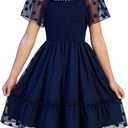 Girls Dress Summer Puffy Sleeve Embroidery A Line Chiffon Double Layer Smocked Shirred Kids Party Dresses, Size 14-15 Y