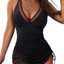 Blooming Jelly Women One Piece Swim Dress Tummy Control Swimsuits Slimming Mesh Sheer Sarong Wraps Bathing Suit, Large