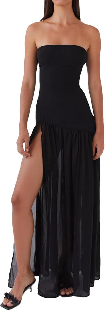 Women Tube Top Dress Tiger Stripe Mesh Patchwork Maxi Dress Strapless Sexy High Slit Long Dresses Party Clubwear (S)