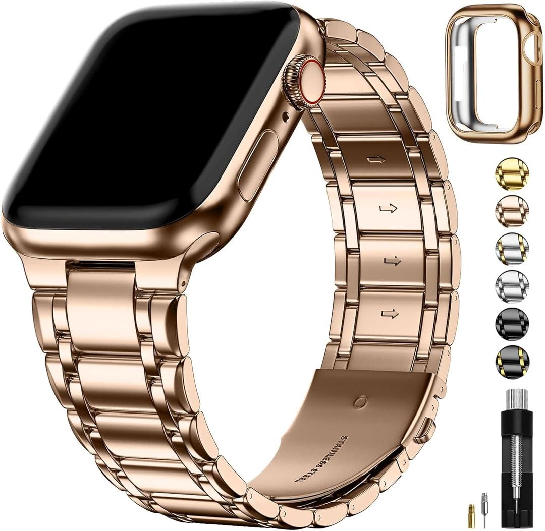 Fullmosa Bands Compatible with Apple Watch Band 46mm Series 11 10, Stainless Steel iWatch Band with Case for Apple Watch, Rose Gold