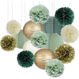 Sage Green Party Decorations, Paper Lanterns and Pom Poms Flowers for Birthday Party Baby Shower Wedding Shower Decor Gold/Ivory/Sage Green 15pcs
