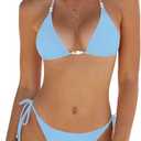 OWICA Women’s Halter Thong Bikini Set Two Piece Swimsuit with Beaded Triangle Top Adjustable Neck and Back Tie Sexy String Swimwear for Women Sky Blue