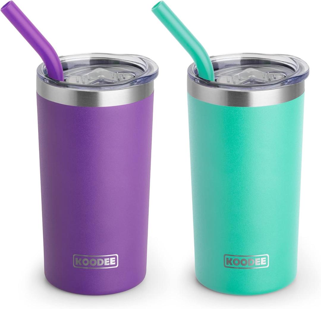 koodee Tumbler with Lids and Straws-12 oz Skinny Tumbler Stainless Steel Double Wall Vacuum Insulated Water Cup Spill Proof, BPA Free (Purple-Teal) (2Pack)