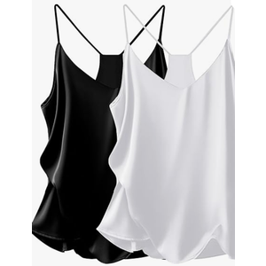Ekouaer Womens Satin Cami Tops 2 Pack V Neck Silk Camisole Tank Top Spaghetti Strap Racerback Camis Blouse Shirt Black & White Size L