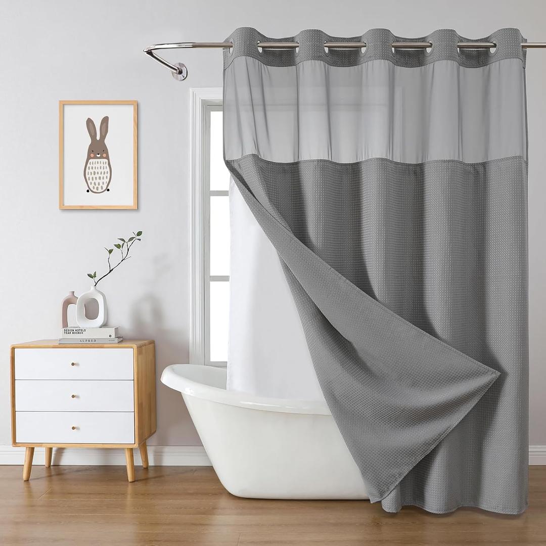 Grey No Hook Waffle Weave Shower Curtain with snap-in Liner Replacement, 230GSM Waterproof Fabric Hotel Shower Curtain Set for Bathroom, Through Mesh Top Window, 71Wx74H