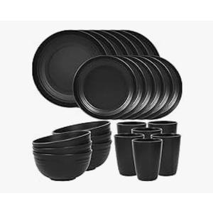 LAERJIN 56 Piece Wheat Straw Dinnerware Sets,Unbreakable Reusable Dinnerware Set,Dishwasher & Microwave Safe Plates and Bowls Sets, for Apartment Essentials, Outdoor Camping, Black