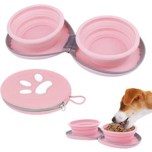 Collapsible Dog Bowls, 2-in-1 Pet Portable Travel Double Bowl Water Food Feeder Traveling Camping & Walking 25oz Pink