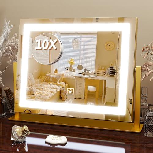 FENNIO Vanity Mirror with Lights, 12" x 16" Lighted Makeup Mirror with Smart Touch Control, 3 Color Modes & Brightness Adjustable, LED Makeup Mirror with 10X Magnification, Square Gold