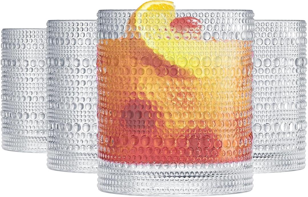 Khen Plastic Hobnail Drinking Glasses Set of 4 Clear Cups 14oz, Shatterproof & Unbreakable Acrylic Beaded Design, BPA-Free, Dishwasher Safe Indoor/Outdoor Drinkware for Water, Juice, Cocktails