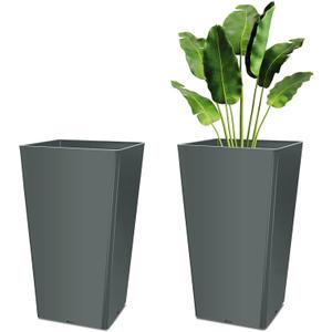 Set of 2 16 Inch Large Taper Planters Outdoor Indoor Tall Resin Flower Pots with Drainage Holes Modern for Front Porch Patio Backyard Plants(Gray)