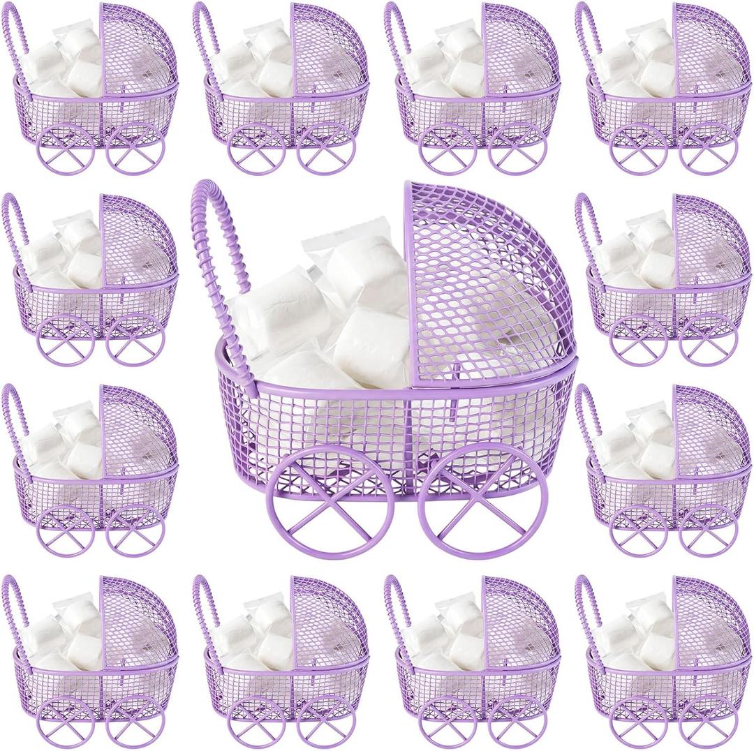 Threehoney 12 Pcs Baby Shower Mini Carriage Decoration Purple Butterfly Color Metal Wired Fillable Candy Stroller Baby Shower Table Centerpiece for Guest Gender Reveal Wedding Party Favor Gift