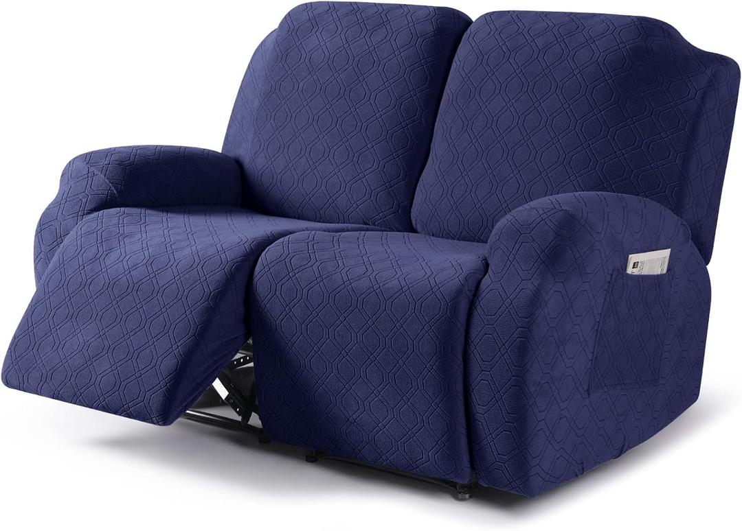 VANSOFY Recliner Cover, 2-Piece Stretch Reclining Couch Cover with Pockets Loveseat Sofa Slipcovers Soft Washable Furniture Protector for Dogs,(2 Seater, Navy Blue)