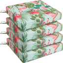 UNIKOME Outdoor Chair Cushions Pack of 4, Water Resistant Patio Cushions with Ties, High Density Sponge Filling Square Corner Seat Cushions for Outdoor Furniture, 18.5"*16"*3", Flamingos