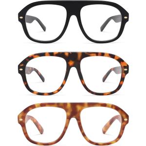 AMOMOMA 3 Pack Retro Blue Light Aviator Reading Glasses for Women Men,Oversized Large Computer Reader Frame AM6163 C1+C2+C3 1.5X