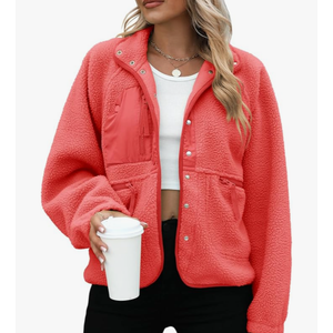 Womens Fleece Jacket Fuzzy Long Sleeve Short Winter Coats Button Down Sherpa Jacket Outerwear with Pockets Size 2 XL, Red 