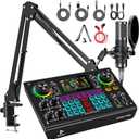 Professional Podcast Bundle with DSP Sound Card and Audio Mixer, 3.5mm Condenser Microphone for Live Streaming, Singing, Recording, and Gaming – Voice Changer, Noise Reduction C200PRO-P15(Cantilever)