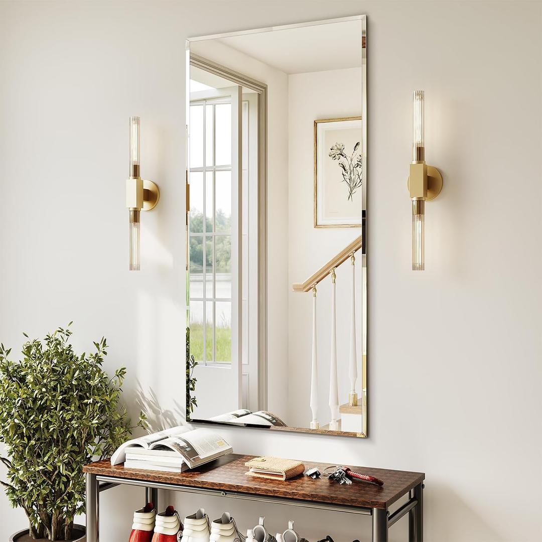 Frameless Bathroom Mirror for Wall, 24"x48" Beveled Bathroom Vanity Mirror, Wall Mount Mirrors for Bedroom Entryway Living Room Hangs Horizontally or Vertically