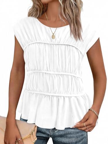 Cicy Bell Womens Cap Sleeve Peplum Tank Tops Summer Babydoll Smocked Cotton Shirts Casual Crew Neck Pleated Blouse White, Large