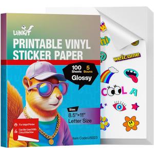 Uinkit 105 Sheets Premium Printable Vinyl Sticker Paper for Inkjet Printer Cricut,Included 100Sheets Glossy and 5Sheets Transparent Label Waterproof Adhesive Dries Quickly Tear-Resistant, Removable (Glossy_classic With Extra)