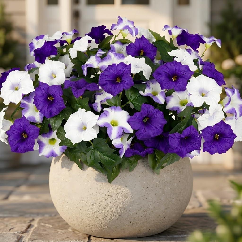 Geegoods Artificial Flowers Plants for Outdoors, 4 Bundles UV Resistant Fake Faux Petunias for Outdoor Planters Patio Front Porch Balcony Garden Decor (Purple White)