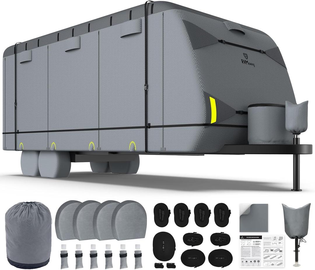RVMasking Travel Trailer RV Cover 24-26ft, 7 Layers Extra-Thick Camper Cover Waterproof Windproof for Toy Hauler with 4 Tire Covers & Tongue Jack Cover, Durable Trailer Cover for RVs, Medium Gray