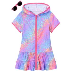 Girls Swim Cover Up Terry Swimsuit Coverup Kids Zip-Up Beach Pool Bathing Suit Wraps with Sunglasses (4-5T, Leopard)
