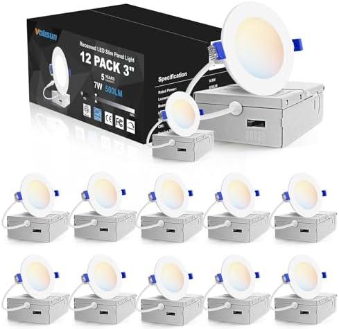 VOLISUN 12 Pack 3 inch Recessed Lighting, 5CCT LED Recessed Light with Junction Box, 2700K-5000K Selectable, Dimmable Canless Wafer Downlight, LED Ceiling Light ETL Certificated