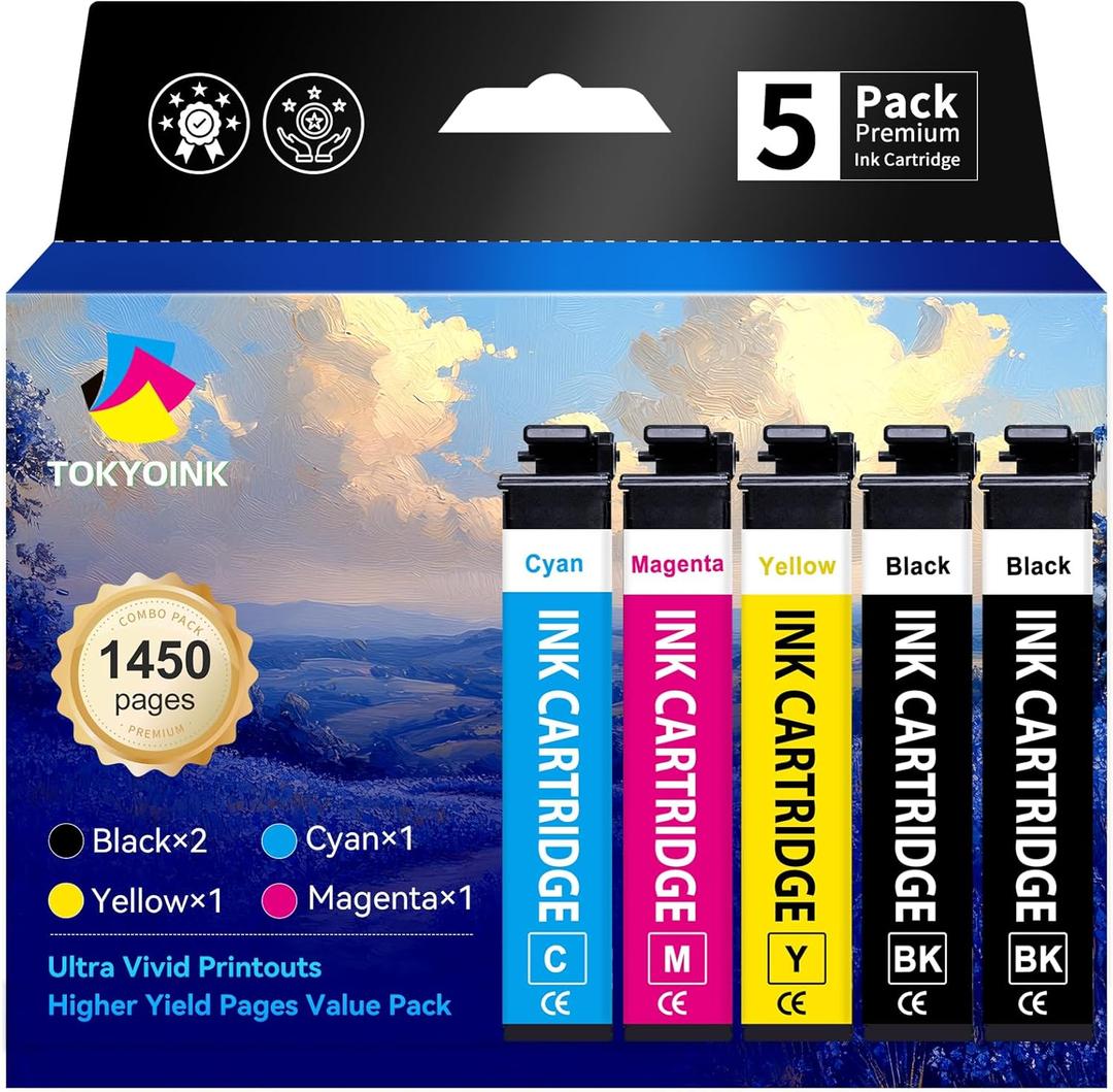 TOKYOINK 222XL Ink Cartridges Combo Pack Remanufactured Replacement for Epson 222 Ink Cartridge 222XL 222 XL Works for WF-2960, XP-5200 Printer (2Black, Cyan, Magenta, Yellow 5 Pack)