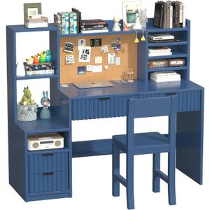 Blue Wooden Kids Fluted Desk and Chair Set, Kids Study Desk with Storage Shelves, Kids Study Table and Chair Set with 4 Fluted Drawers, Girls Study Desk for Kids with Hutch for Bedroom-p7P54u