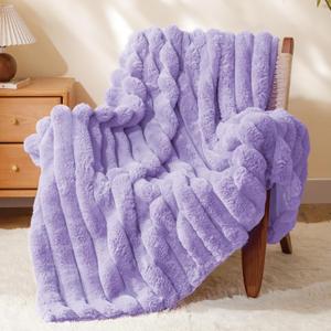 BEDELITE Faux Fur Throw Blanket for Couch, Soft and Cozy Luxurious 3D Striped Fluffy Blanket, 770GSM Thick Warm Plush Fuzzy Faux Rabbit Fur Blanket for Women Gift (Lavender, 60"x 80")