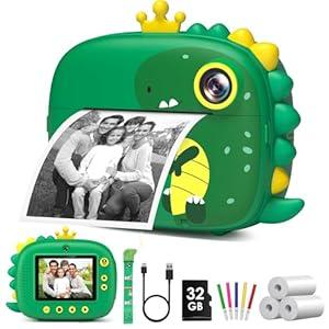 Kids Camera Instant Print, Dinosaurs Instant Print Camera for Kids, Birthday Gifts for Boys, 2.4-Inch/ 1080P with 32GB Card, Christmas Birthday Gifts for Girls Boys Age 3-12