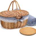 Picnic Basket with Blankets and Bamboo Plates Picnic Supplies Set Basket with Lid and Handle Wicker Picnic Basket Sturdy Woven Body with Washable Lining for Camping(Blue)