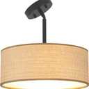 Rattan Sloped Ceiling Light Fixture, 13" Woven Boho Semi Flush Mount Lights with Drum Fabric Shade, Lighting for Bedroom, Dining Room, Living Room, Hallway, Entryway