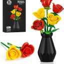 Flower Building Set Compatible with Lego Flowers for Adults, Roses Flower Bouquet botanicals Collection Unique Home Décor or Office Décor Great Gift for Her and Him (VASE Included) (Flowers Roses)