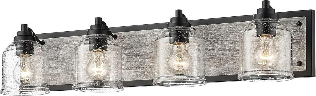 31.5" Large Farmhouse Bathroom Vanity Light, 4-Light Grey Metal Vanity Light with Bubble Glass Shades,Rustic Wall Sconce Lighting Fixtures Over Mirror for Bathroom,Kitchen. BD005-4-BK