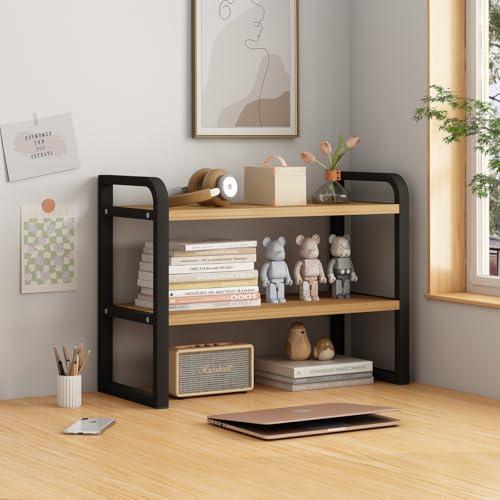Janebert Office Desk Shelf Organizer, Wood Desktop Bookshelf Supplies Storage Rack, Shelf for Top of Desk and Dresser and Cubicle Decor Aesthetic Bookshelf (Black Wood-Two Tier)
