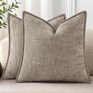 decorUhome Chenille Spring Throw Pillow Covers 18x18 Set of 2, Thick Textured Slubby Neutral Decorative Pillow Covers with Elegant Design for Couch, Sofa, Living Room, Oatmeal