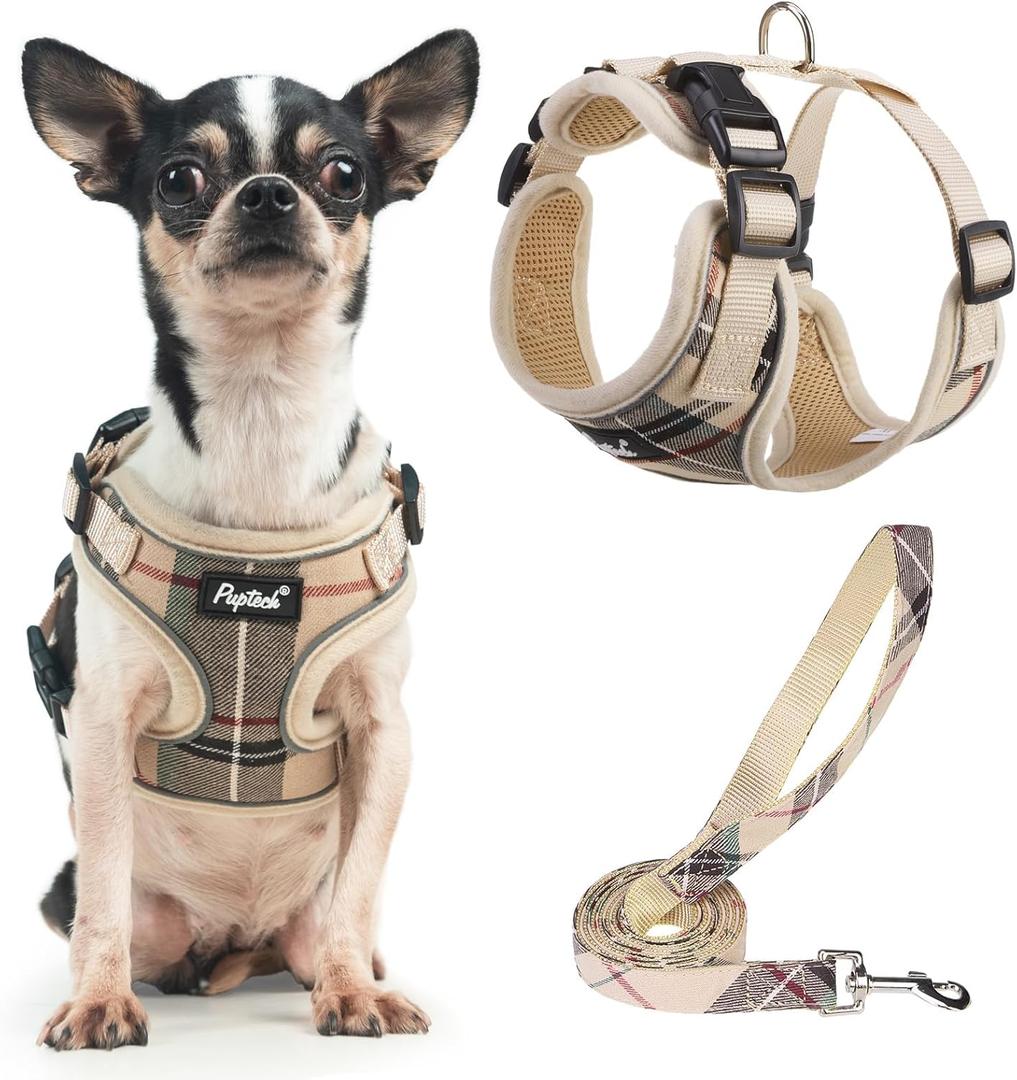 PUPTECK Soft Mesh Dog Harness and Leash Set Pet Puppy Cat Adjustable Reflective Padded Vest No Pull Harnesses, Beige, XS (XS (NECK: 11-13", CHEST: 11-15"))