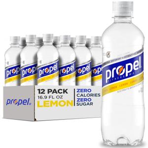 Propel Electrolyte Enhanced Water Sports Drink, Lemon Flavored Water, Zero Calorie & Zero Sugar Hydration with Electrolytes and Vitamins C & E, 16.9 fl oz Bottles (12 Pack) (EXP 09/21/26)