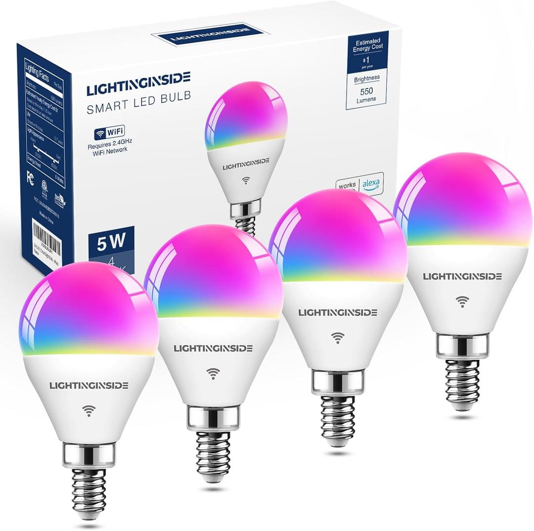 E12 Smart Light Bulbs 50W Equiv., G16.5 RGBCW Candelabra Chandelier Ceiling Fan Smart Bulb Works with Alexa/Google Home/Smart Life, 5W 550LM, 2.4G WiFi Bluetooth Bulb, ETL Listed, 4PCS