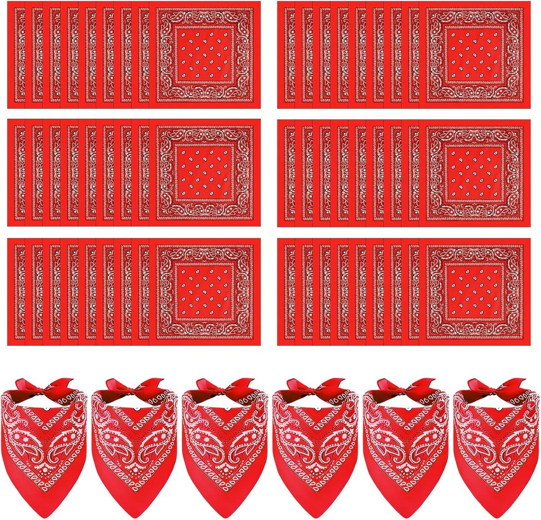60 PCS Cowboy Bandanas Bulk Paisley Novelty Headband Square Scarf Head Wrap Scarf Wristband for Race Parade Party (Red)