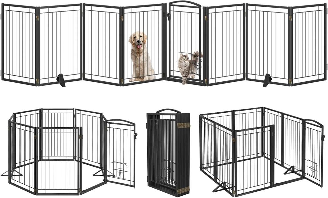 Metal Free Standing Dog Gate with Cat Door for Indoor/Outdoor,160" Extra Wide Foldable Pet Gate,32" Tall Foldable Indoor Dog Fence for Large Openings Stairs,Deck,Yard,Doorways(8 Panels,Black)